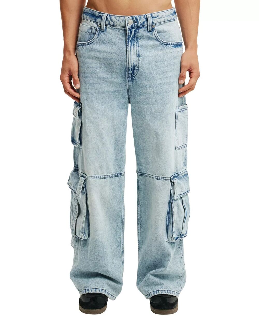 Cotton On Jeans Mens Size 36 Blue Light Wash Super Baggy Cargo Pocket Rigid Jean
